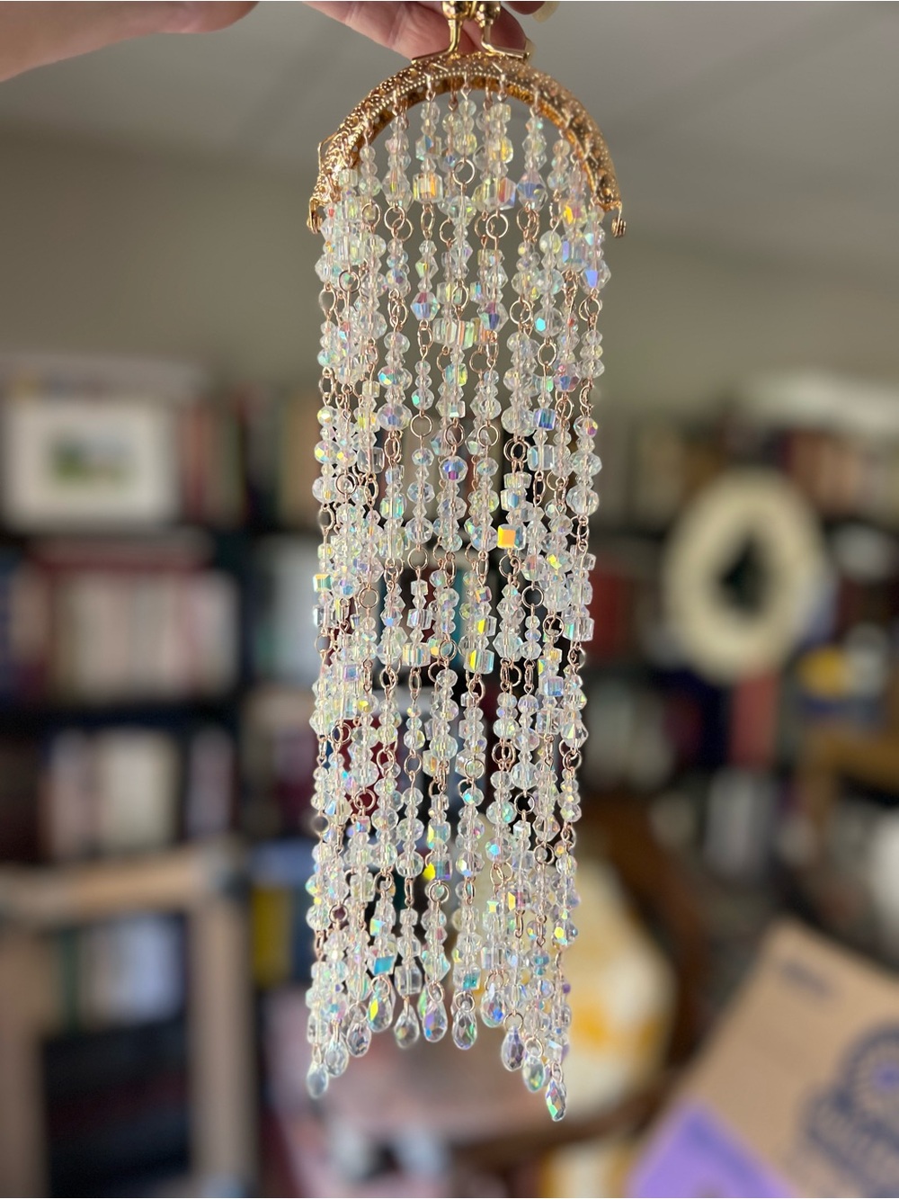 Hand-Wired Rose Gold Glass Bead Suncatcher with Rhinestone Kiss Lock - Picture 6 of 7